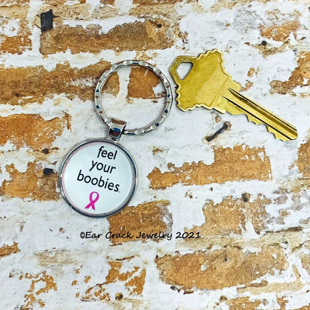 Handmade - Feel Your Boobies Breast Cancer Awareness Keychain / Pink Ribbon